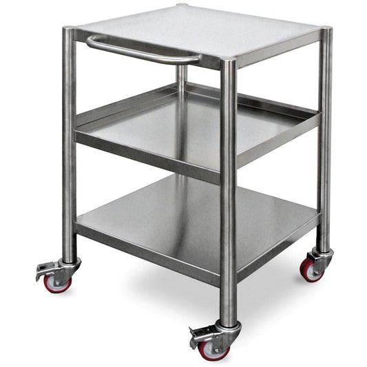 Der Duni GmbH Trolley für DF22/22F/32/32F in Silber Edelstahl (600x600x800mm, 1 Stück) verfügt über drei Einlegeböden, einen seitlichen Griff und vier schwenkbare Rollen - zwei davon mit Bremsen - für einen effizienten Transport in einem schlanken Industriedesign.