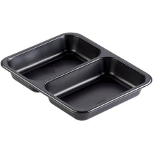 Die PP-Schale Caterline 2 Schwarz PP 227x178 von Duni GmbH ist eine rechteckige Schale mit zwei abgerundeten Fächern, ideal für Catering-Events und wird auf weißem Hintergrund präsentiert.