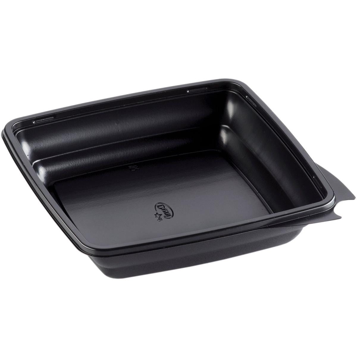 Η Duni GmbH Menübbox, τετράγωνη, Μαύρη από PP (197x197x44 mm), συσκευασία με 450 κομμάτια, με στρογγυλεμένες γωνίες και ελαφρώς ανυψωμένο χείλος, απεικονίζεται ως μαύρο πλαστικό δοχείο τροφίμων λοξά σε λευκό φόντο.