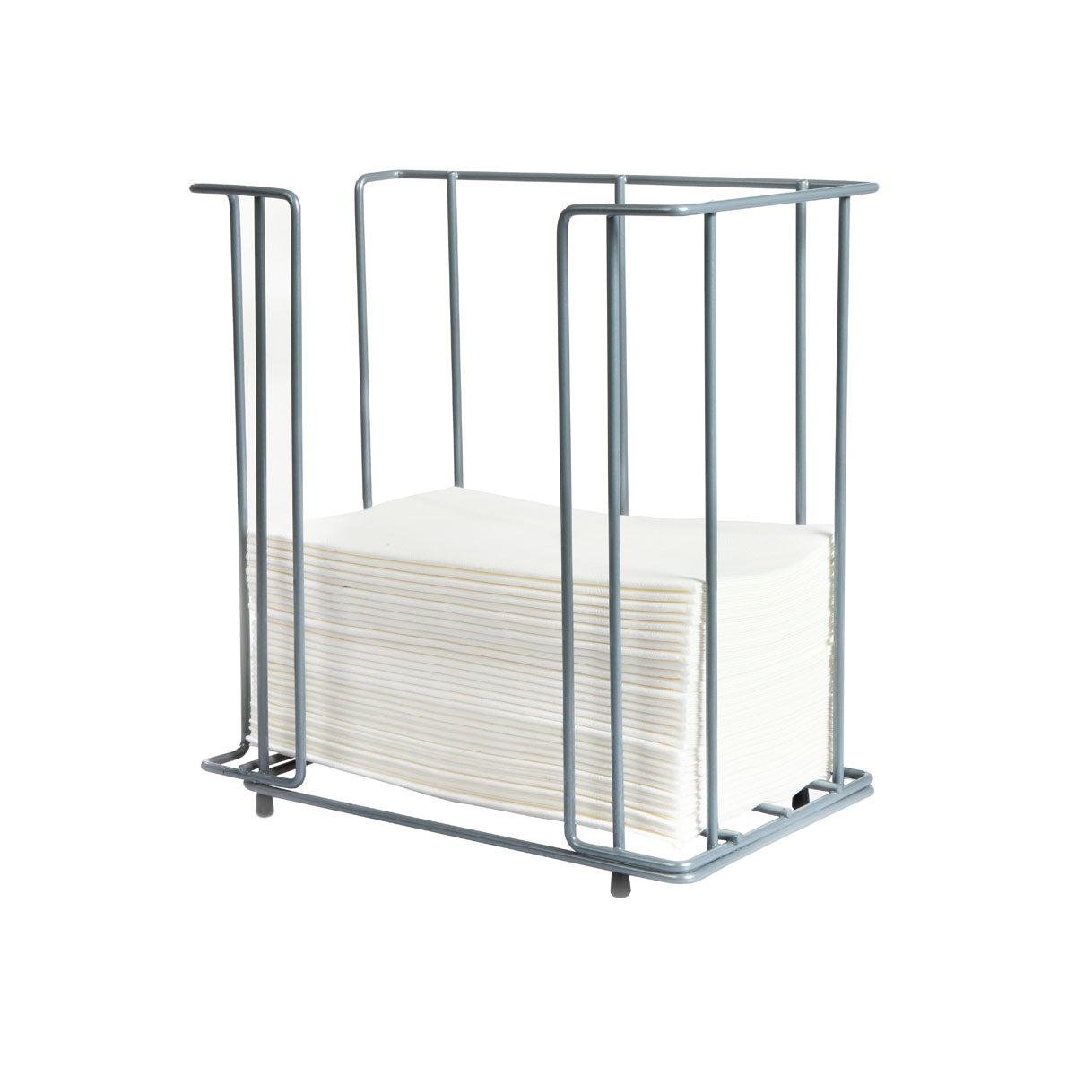 Η μεταλλική θήκη για χαρτοπετσέτες Duni GmbH 40 cm 1/8F, πρακτική και κομψή, χωράει μια στοίβα λευκών, ορθογώνιων χαρτοπετσετών και διαθέτει ένα ανοιχτό πλαίσιο, που απεικονίζεται σε λευκό φόντο.