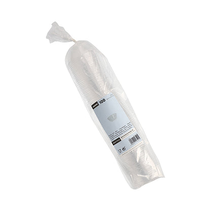 Μια σφραγισμένη πλαστική συσκευασία με 100 διαφανή Starpak Dressingschalen, PS, στρογγυλά, 50 ml (Ø 6,7 cm x 2,7 cm), στοιβαγμένα με μια λευκο-μπλε ετικέτα – ιδανικά για χρήση στη γαστρονομία ή ως δοχείο dressing.