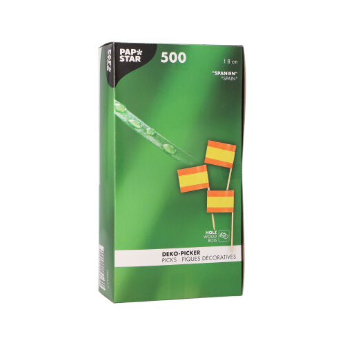 Σε ένα λευκό κουτί με την επιγραφή «PAPSTAR 500 Deko-Picker 8 cm weiss» της PAPSTAR GmbH υπάρχουν 8 cm μακρόστενα Deko-Picker. Η συσκευασία δείχνει εκτός από την εικόνα των picks και κείμενα στα Γερμανικά, Αγγλικά και Γαλλικά – ιδανικά για κομψές παρουσιάσεις!