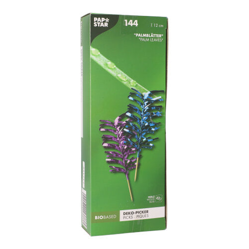 Eine grüne Box mit der Aufschrift "PAPSTAR 144 Deko-Picker farbig sortiert" der PAPSTAR GmbH enthält 144 bunte Holzpicker, ideal als dekorative Eisschirmchen für Partys. Die biobasierte Verpackung ist umweltfreundlich und stilvoll.