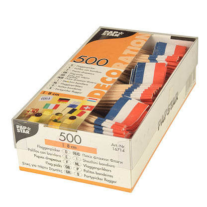 Ένα κουτί με 500 PAPSTAR Deko-Picker 8 cm weiss της PAPSTAR GmbH, ιδανικό για κομψές παρουσιάσεις. Η διάφανη συσκευασία φέρει την επιγραφή «Pap Star» και περιέχει λεπτομέρειες προϊόντος σε διάφορες γλώσσες.