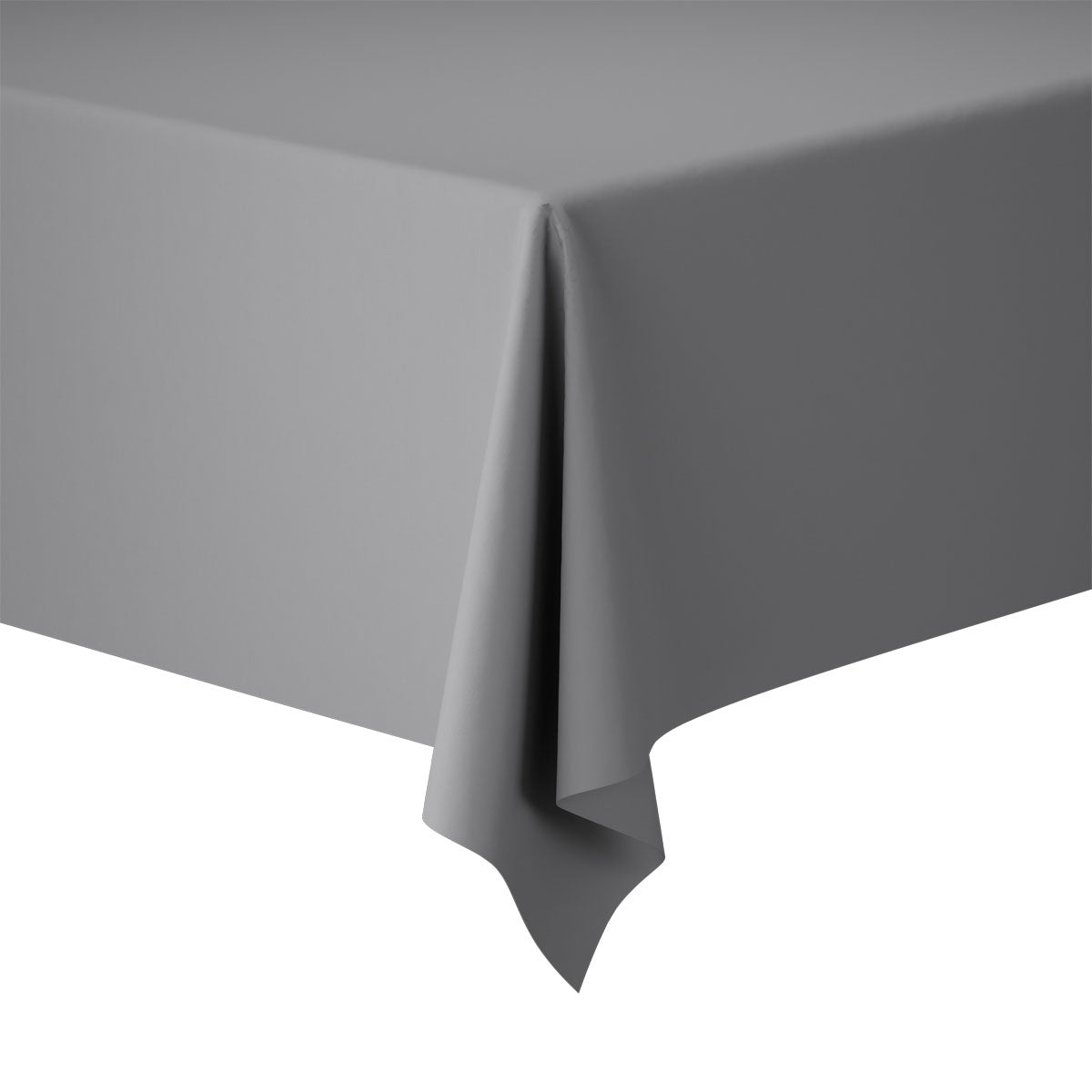 Το τραπεζομάντιλο Evolin 127 x 220 cm της Duni GmbH είναι ένα απλό ορθογώνιο γκρι τραπεζομάντιλο με μια λεία, ευθεία πτύχωση, που καλύπτει καθαρά τη γωνία του τραπεζιού μπροστά από ένα λευκό φόντο.