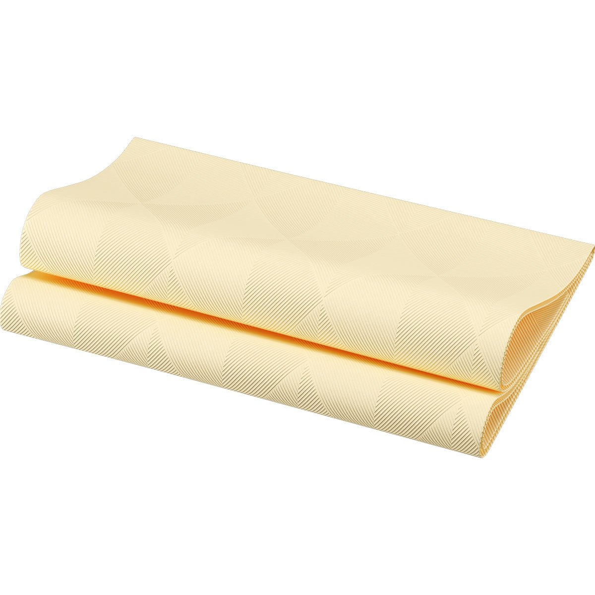 Οι διπλωμένες χαρτοπετσέτες Elegance 40x40 cm σε Crystal Cream της Duni GmbH από ανοιχτό κίτρινο χαρτί με διακριτικό γεωμετρικό μοτίβο απεικονίζονται σε λευκό φόντο. Η συσκευασία περιέχει 40 υψηλής ποιότητας χαρτοπετσέτες για το κομψά στρωμένο τραπέζι.