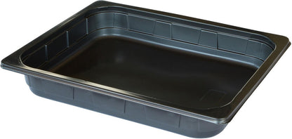 Η Duni GmbH PP Schale 1/2 GN Schwarz PP 325x265 είναι ένα μαύρο, ορθογώνιο μπολ σερβιρίσματος με φαρδύ χείλος, ιδανικό για τη γαστρονομία ή το catering, εδώ κενό σε λευκό φόντο.