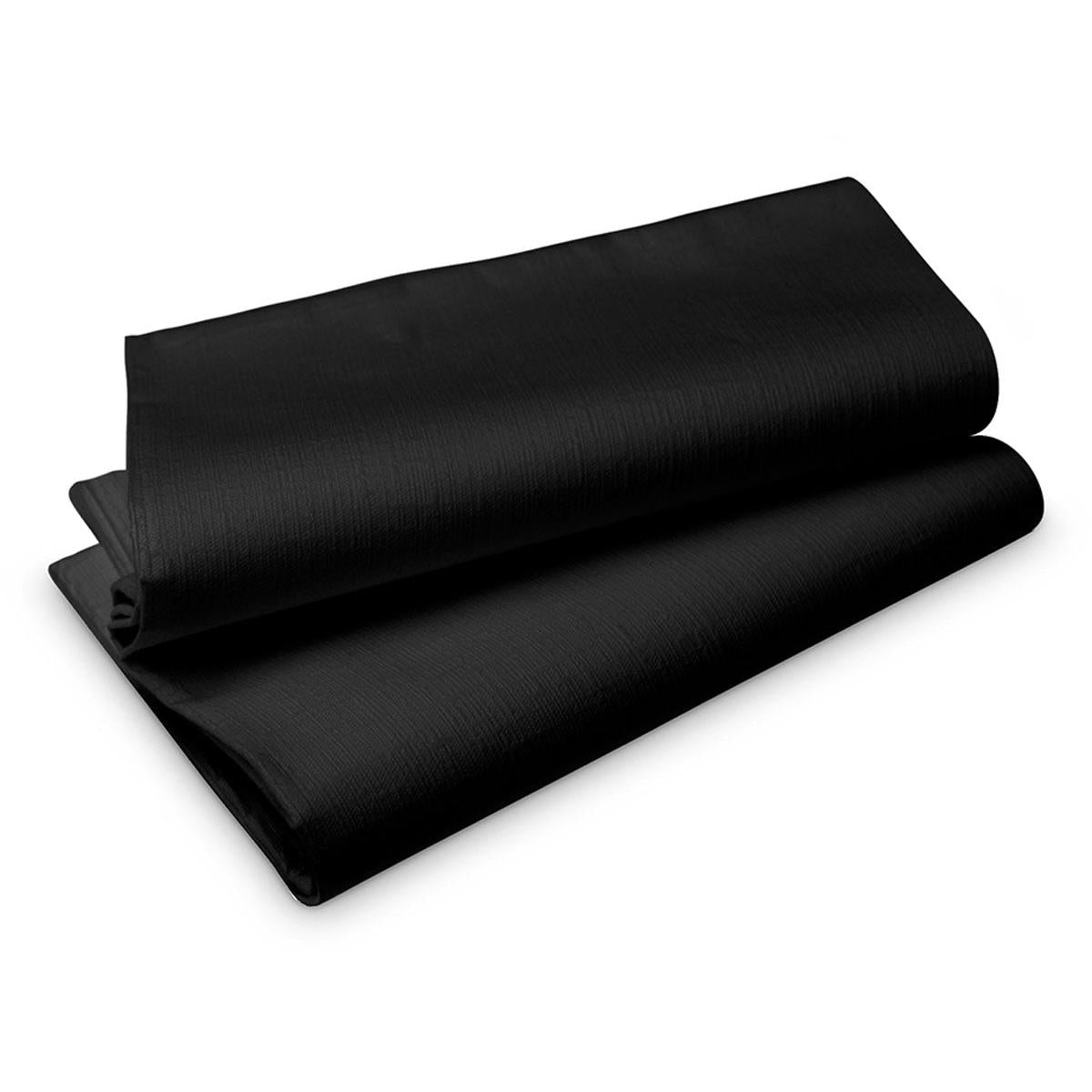 Ένα καθαρά διπλωμένο τραπεζομάντιλο Evolin 127 x 220 cm της Duni GmbH σε απλό μαύρο παρουσιάζεται μπροστά από ένα λευκό φόντο, που αναδεικνύει τη λεία επιφάνεια και τη διακριτική υφή.
