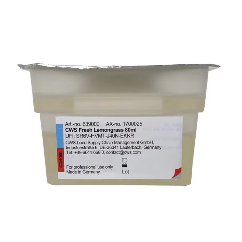 Ένα σφραγισμένο πλαστικό δοχείο με την επιγραφή "CWS ParadiseLine άρωμα χώρου για διανομέα αρώματος Paradise Air Bar" από την CWS, με καπάκι από φύλλο και ετικέτα επικοινωνίας, είναι μόνο για επαγγελματική χρήση ως άρωμα χώρου.