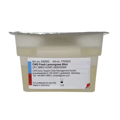 Ένα σφραγισμένο πλαστικό δοχείο με την επιγραφή "CWS ParadiseLine άρωμα χώρου για διανομέα αρώματος Paradise Air Bar" από την CWS, με καπάκι από φύλλο και ετικέτα επικοινωνίας, είναι μόνο για επαγγελματική χρήση ως άρωμα χώρου.