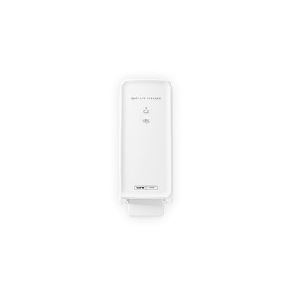 Ένα λευκό CWS PureLine Surface Cleaner | Συσκευασία (1 τεμάχιο) επιτοίχιος διανομέας με καθαρά εικονογράμματα και κείμενο "Surface Cleaner" της CWS, φωτογραφημένο μπροστά από ένα απλό φόντο για αποτελεσματικό καθαρισμό και υγιεινή επιφάνεια.