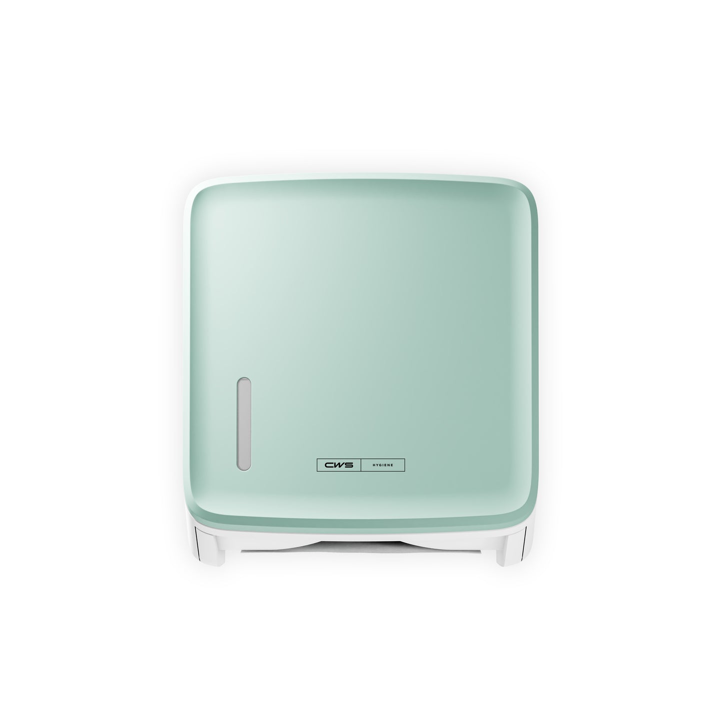 Ένα τετράγωνο, τοποθετημένο στον τοίχο, πράσινο μέντας μπροστινό πάνελ CWS PureLine για τον διανομέα χαρτιού της CWS διαθέτει ένα μικρό οβάλ παράθυρο και ένα λογότυπο CMS στην μπροστινή πλευρά, που απεικονίζεται μπροστά από ένα λευκό φόντο.