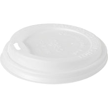 Abgebildet ist ein weißer CPLA-Deckel für 191952 von Duni GmbH (Packung 50 Stück) vor einem unifarbenen Hintergrund, mit einem kleinen Trinkschlitz und geprägten Sicherheits-/Verrottungshinweisen.