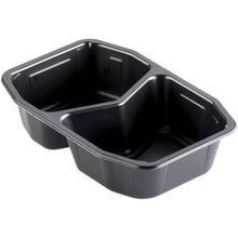 Die Duni GmbH PP-Schale HMR 2 Schwarz PP 215x148x50, ein schwarzer Zwei-Kammer-Lebensmittelbehälter (Packung: 312 Stück), ist mikrowellengeeignet und ideal als Gastronomie-Verpackung zum vielseitigen Aufbewahren und Servieren von Lebensmitteln.