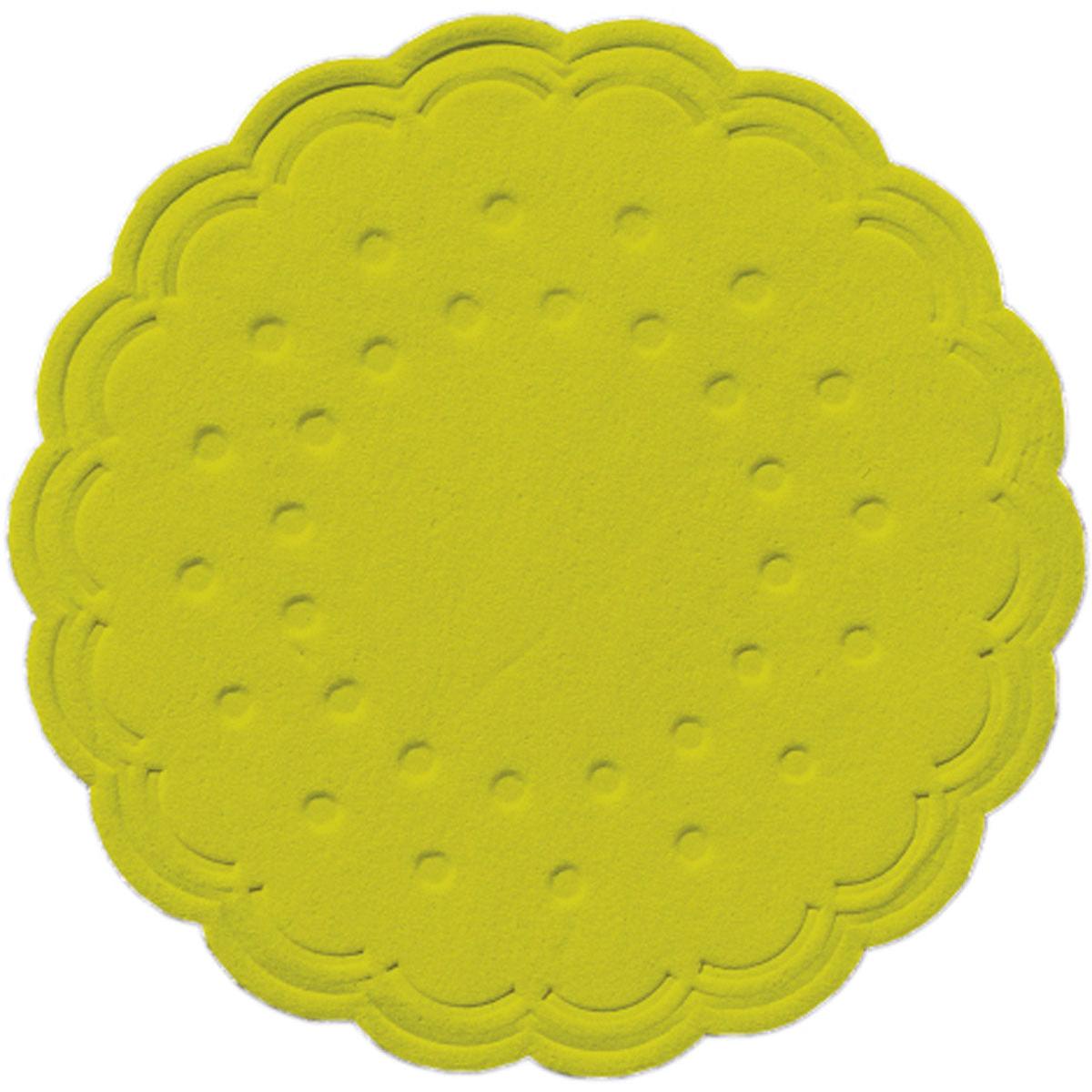 Ένα στρογγυλό, σε χρώμα ακτινίδιου σουβέρ (Ø 7,5 cm) της Duni GmbH με κομψό σχέδιο, που φαίνεται από πάνω σε λευκό φόντο· διαθέσιμο σε συσκευασίες των 250 τεμαχίων ή σε σετ των 8 τεμαχίων.