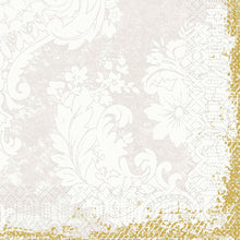 Weiße Blumen- und Blattmuster auf hellem Beige, mit einer goldenen Glitzerbordüre an zwei Kanten. Die Zellt.-Servietten 33x33 cm, 3-lagig (50er-Pack) der Duni GmbH sind im Vintage-Stil mit Spitze und dem Schriftzug "Duni" in der rechten unteren Ecke gestaltet.