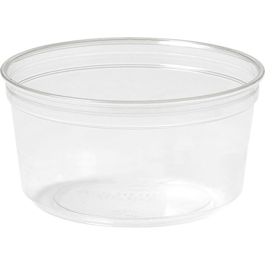 Die Duni GmbH Deli-Schale Crystal, transparent, ist ein klarer runder Behälter mit breitem Rand, ideal als Servierschale zum Ausstellen und Servieren von Speisen vor weißem Hintergrund.