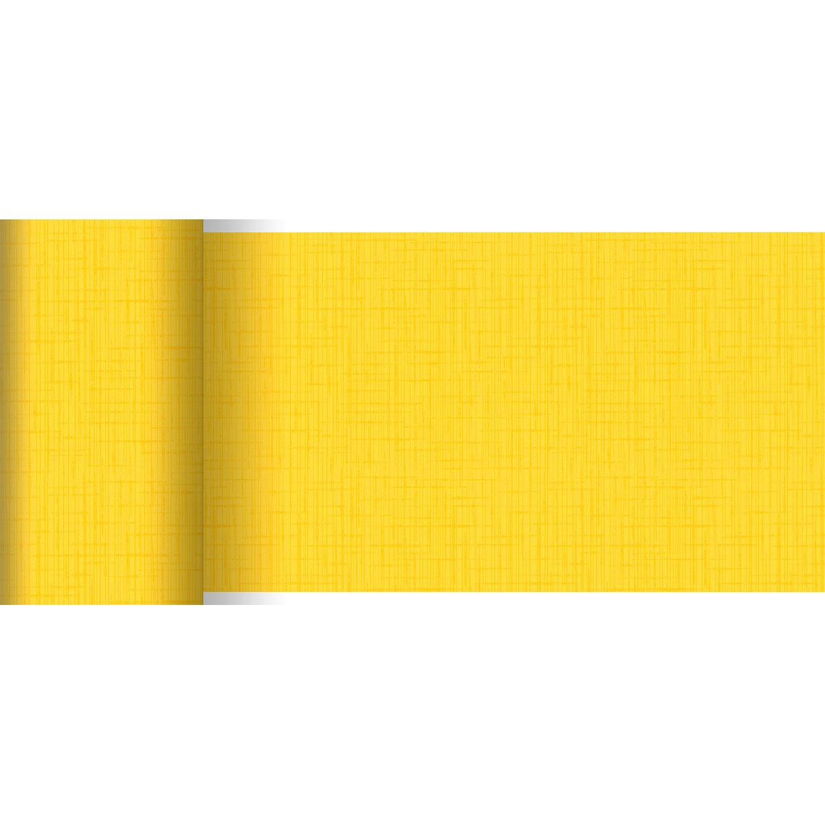Eine Rolle Dunicel-Tischläufer 20 m x 15 cm der Duni GmbH in Gelb mit dezenter gitterartiger Struktur und mattem Finish wird auf weißem Untergrund teilweise abgerollt. Ideal für Tischdekorationen mit zarten, sich kreuzenden Linien.
