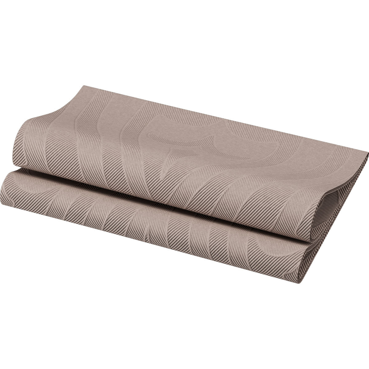 Μια διπλωμένη πετσέτα Elegance 40x40 cm σε Lily Greige από την Duni GmbH με καφέ υφή και διακριτικό κυματιστό, γραμμικό μοτίβο παρουσιάζεται ως υψηλής ποιότητας διακόσμηση τραπεζιού (συσκευασία με 40 πετσέτες) στο Weiß-Ideal.