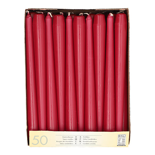 Ένα κουτί με 50 λευκές κωνικές κεριές Starpak (Ø 2,2 cm - 25 cm), καθεμία με μεγάλη διάρκεια καύσης, τοποθετημένες σε μία στρώση και επισημασμένες στον πάτο με πληροφορίες προϊόντος Starpak.