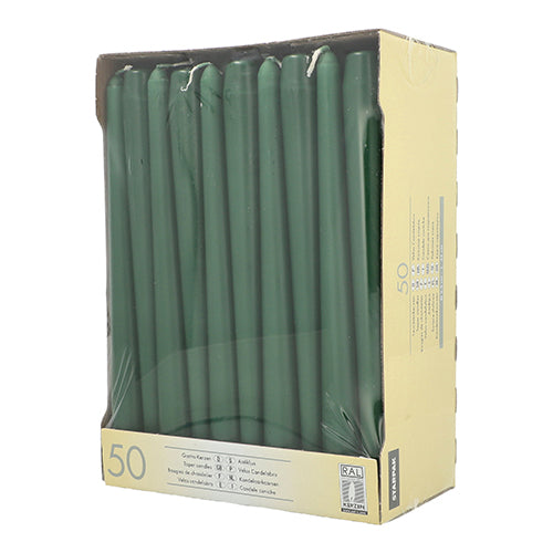 Το κουτί Starpak περιέχει 50 πράσινα Leuchterkerzen (Ø 2,2 cm, 25 cm), τοποθετημένα όρθια και ορατά μέσω ενός διαφανούς παραθύρου στη μπεζ συσκευασία, με σαφή σήμανση ποσότητας και προϊόντος.