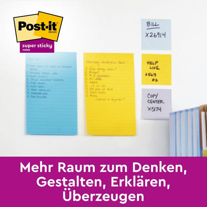 Τρία Post-it® Super Sticky Meeting Notes (μπλε, κίτρινο, λευκό, 203x153 mm) από την 3M Deutschland GmbH κολλάνε με χειρόγραφες λίστες σε έναν λευκό τοίχο· δίπλα βιβλία. Κείμενο: "Περισσότερος χώρος για σκέψη, σχεδιασμό, εξήγηση, πειθώ."