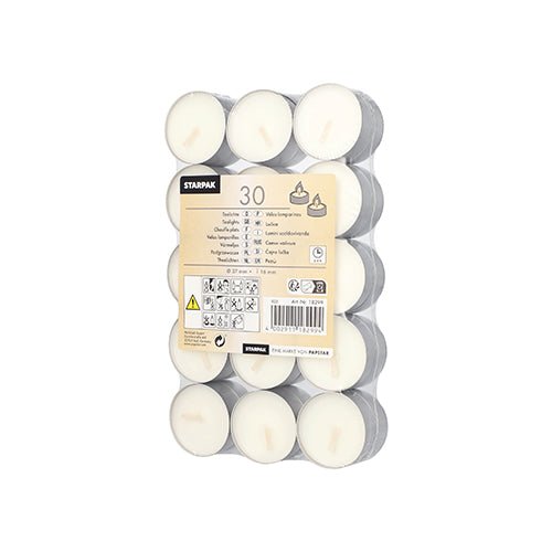 Starpak 30 λευκά ρεσώ (Ø 37 mm, 16 mm) σε αλουμινένια ποτήρια, ασφαλή σε πλαστικό δίσκο τυλιγμένα με συρρικνούμενη μεμβράνη· ετικέτα με πληροφορίες προϊόντος και οδηγίες σε πολλές γλώσσες από πάνω.