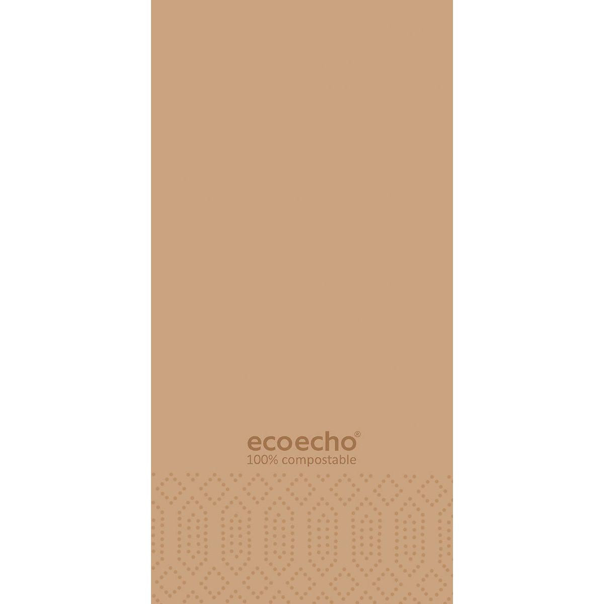 Ein hellbrauner Hintergrund mit einem geometrisch gepunkteten unteren Rand zeigt "ecoecho 100% kompostierbar" in Braun und hebt diese Duni GmbH Zelltuchservietten 40x40 cm, 3-lagig, 1/8 Buchfalz, EcoEcho hervor. Packung mit 250 Stück.