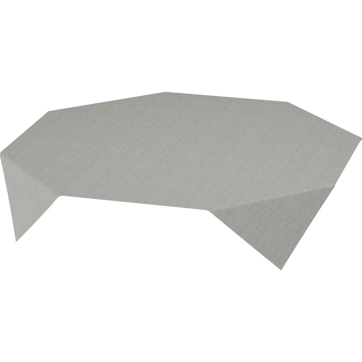 Die hellgraue Dunisilk MD Tischdecke 84x84 cm in Linnea grau der Duni GmbH aus hochwertigem Stoff bedeckt einen achteckigen Tisch mit einer glatten, fein strukturierten Oberfläche; erhältlich im 20er-Pack.