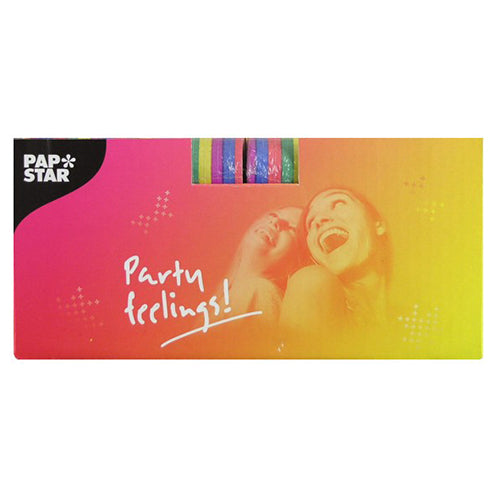 Μια ροζ-κίτρινη ορθογώνια συσκευασία της PAPSTAR GmbH δείχνει δύο χαμογελαστές γυναίκες, «Partygefühle!» και ένα παράθυρο με PAPSTAR 3 σερπαντίνες 4 μ - ποιοτική διακόσμηση σε πακέτο των 3 - σε φωτεινές ρίγες.