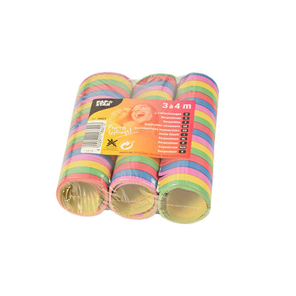 Οι τέσσερις σερπαντίνες πάρτι 3 σερπαντίνες 4μ από την PAPSTAR GmbH είναι συσκευασμένες σε συσκευασία με φύλλο με πορτοκαλί ετικέτα με λεπτομέρειες προϊόντος και ένα χαμογελαστό παιδί - ιδανικές για ποιοτική διακόσμηση!