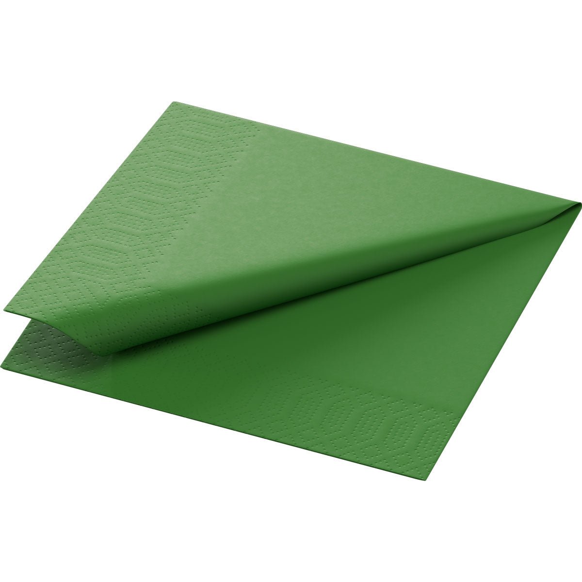 Μια Duni GmbH Zellt.-Χαρτοπετσέτες 24x24 cm, 3-στρώσεων, πράσινες (συσκευασία των 250) είναι διπλωμένες διαγώνια στη μέση και δείχνουν δομημένα μοτίβα στα άκρα.