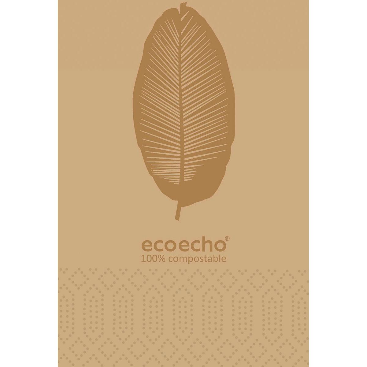 Ein stilisiertes braunes Blatt über "ecoecho 100% kompostierbar" auf hellbraunem, dezent gepunktetem Hintergrund hebt die Duni GmbH Zelltuchservietten 40x40 cm 3-lagig 1/8 Kopffalz Organic (Packung mit 250 Stück) hervor.