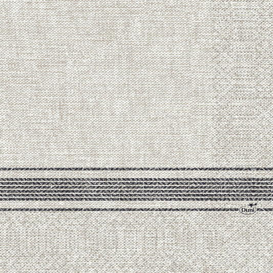 Die Zelltuchservietten 33 x 33 cm 3lagig 1/4 Falz Cocina schwarz von Duni GmbH haben einen strukturierten beigen Stoff mit horizontalen dunkelgrauen Streifen im unteren Bereich und dem Aufdruck "Duni" im gestreiften Bereich. Die Packung enthält 250 Stück.