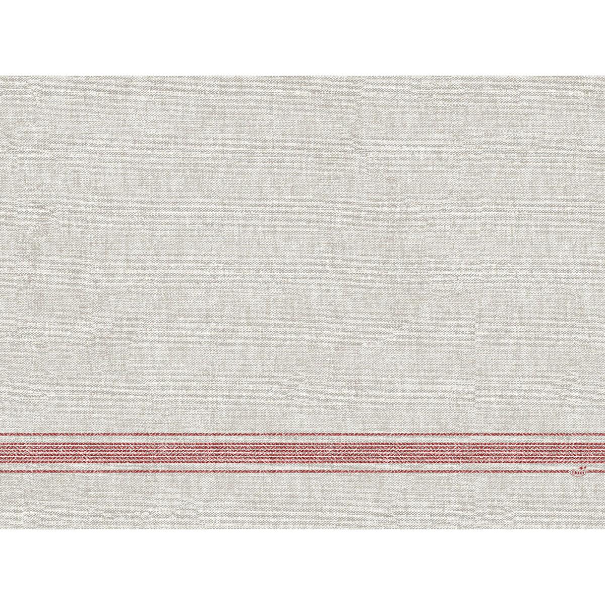 Τα Dunicel-Tischsets 30 x 40 cm Cocina bordeaux της Duni GmbH έχουν ένα ανοιχτό μπεζ υφασμάτινο σχέδιο με τρεις ομοιόμορφα κατανεμημένες κόκκινες ρίγες στο κάτω μέρος και μια φυσική υφαντική εμφάνιση. Πωλούνται σε συσκευασίες των 100 τεμαχίων.