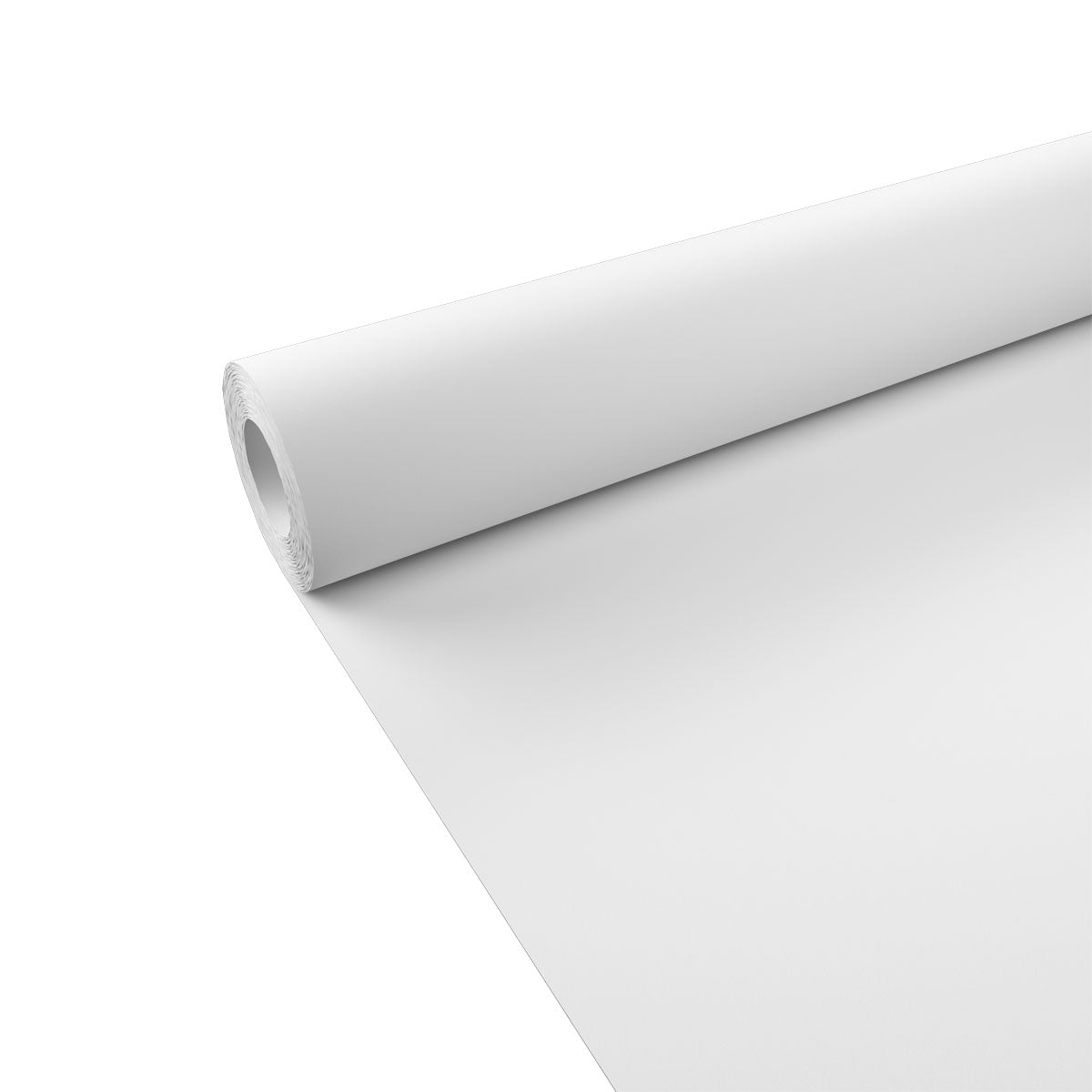 Η Duni GmbH χάρτινο τραπεζομάντηλο 50x1,18 m σε λευκό - ιδανικό ως τραπεζομάντηλο - παρουσιάζεται εν μέρει σε ένα απλό λευκό φόντο, τονίζοντας έτσι την λεία επιφάνεια και τον σταθερό κυλινδρικό ρόλο.