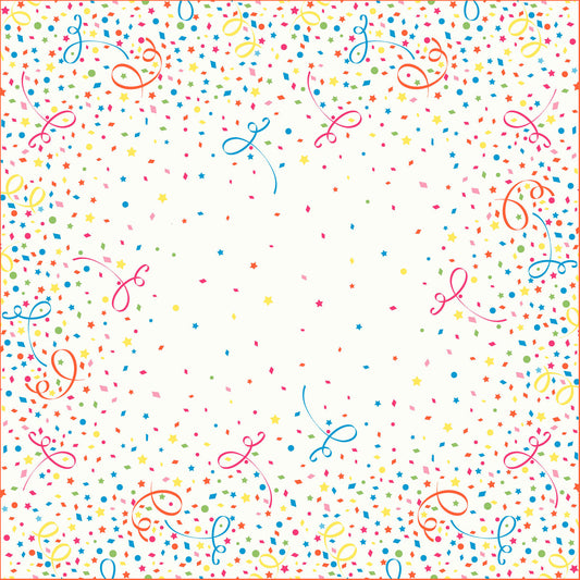 Der Auslaufartikel: Dunicel-Mitteldecken 84 x 84 cm Confetti von Duni GmbH zeigt eine lebendige Bordüre aus buntem Konfetti, Sternen und Wirbeln - ideal für die Tischdekoration mit Rot, Blau, Gelb, Grün und Orange auf strahlendem Weiß. Packung mit 20 Stück.