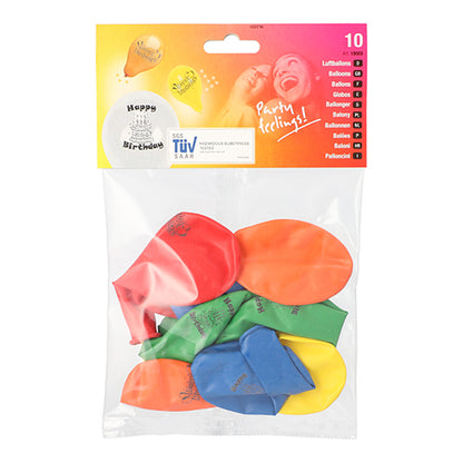 Μια διαφανής πλαστική συσκευασία της PAPSTAR GmbH με 10 πολύχρωμα μπαλόνια "Χρόνια Πολλά" (Ø 22 εκ.). Στη σακούλα αναγράφεται "Αίσθηση πάρτι!!!", γραφικό μπαλονιού και αριθμός (10) - ιδανική για τη διακόσμηση γενεθλίων.