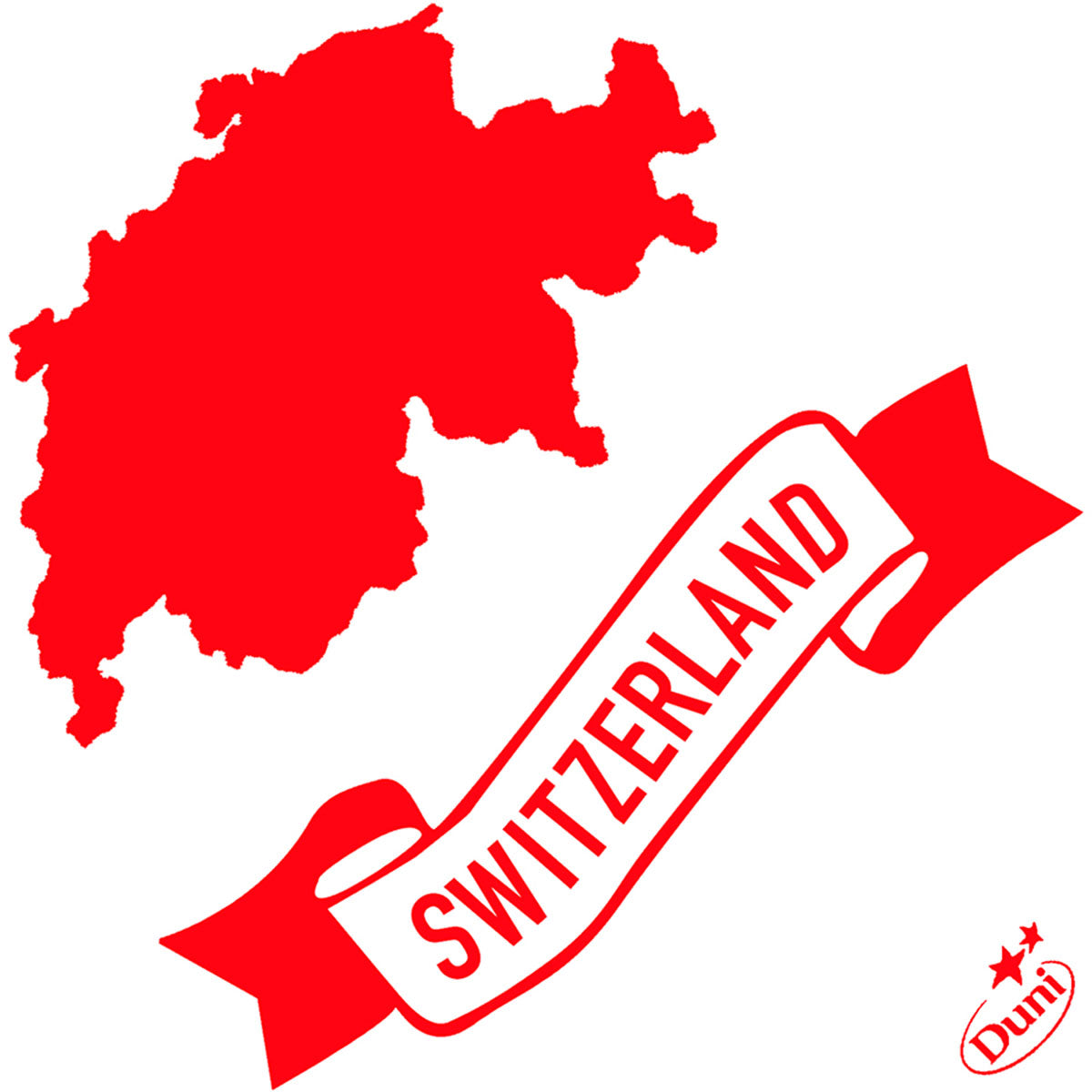 Eine rote Silhouettenkarte der Schweiz erscheint über einem roten Band mit dem fettgedruckten Schriftzug Schweiz". Das Logo der Duni GmbH mit zwei Sternen unten rechts hebt hochwertige Dunisoft-Servietten 40 x 40 cm 1/4 Falz hervor.