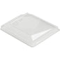 Το καπάκι Polardeli rPET σε 187030 Διαφανές rPET 108x86x18 της Duni GmbH εμφανίζεται σε λευκό φόντο με ανασηκωμένες άκρες και ανάγλυφα σύμβολα ανακύκλωσης, υπογραμμίζοντας έτσι τον φιλικό προς το περιβάλλον σχεδιασμό του από ανακυκλωμένο PET. Συσκευασία: 630 τεμάχια.