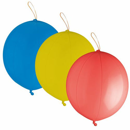 Τρεις PAPSTAR Punch Ballons (Ø 40 cm, πολύχρωμα ταξινομημένα) της PAPSTAR GmbH παρουσιάζονται σε μπλε, κίτρινο και κόκκινο με λαστιχένιες κορδέλες και θηλιές σε συσκευασία των 3 σε λευκό φόντο.