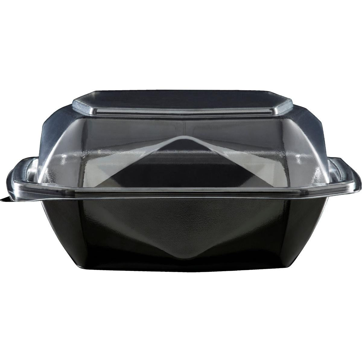 Το δοχείο τροφίμων Octaview® S της Duni GmbH (APET 150x150x70, Μαύρο/Διαφανές) απεικονίζεται κλειστό και άδειο, με μαύρο πάτο και διαφανές καπάκι με μεντεσέ για καλή ορατότητα του περιεχομένου. Μέγεθος συσκευασίας: 400 τεμάχια.