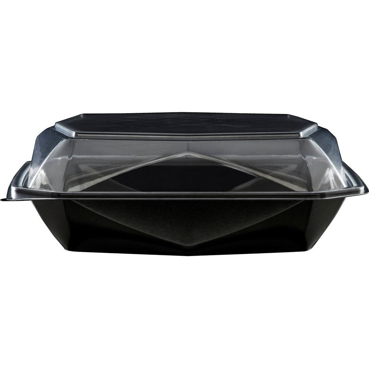 Ένα Duni GmbH Octaview® L+ Μαύρο/Διαφανές APET 225x225x80 δοχείο συλλογής με καθαρό καπάκι απεικονίζεται κλειστό και άδειο μπροστά από ένα λευκό φόντο. Η συσκευασία περιέχει 100 τεμάχια.