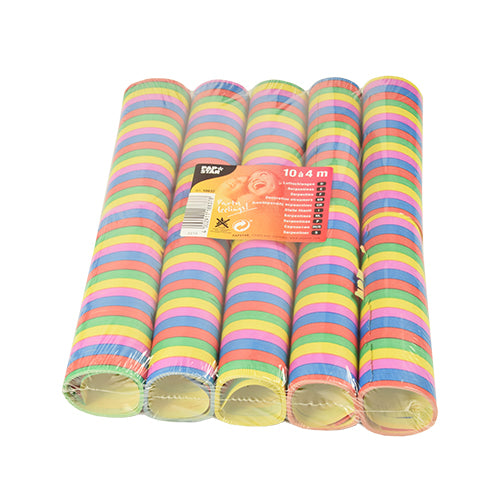 Δέκα πυρίμαχες PAPSTAR σερπαντίνες "Ρίγες" (καθεμία 4 μ) από την PAPSTAR GmbH έρχονται σε μια διαφανή συσκευασία με ετικέτα μπροστά. Οι σερπαντίνες διαθέτουν πολλά φωτεινά χρώματα, ιδανικά για διακόσμηση πάρτι.