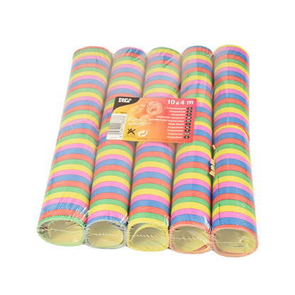 Δέκα πυρίμαχες PAPSTAR σερπαντίνες "Ρίγες" (καθεμία 4 μ) από την PAPSTAR GmbH έρχονται σε μια διαφανή συσκευασία με ετικέτα μπροστά. Οι σερπαντίνες διαθέτουν πολλά φωτεινά χρώματα, ιδανικά για διακόσμηση πάρτι.