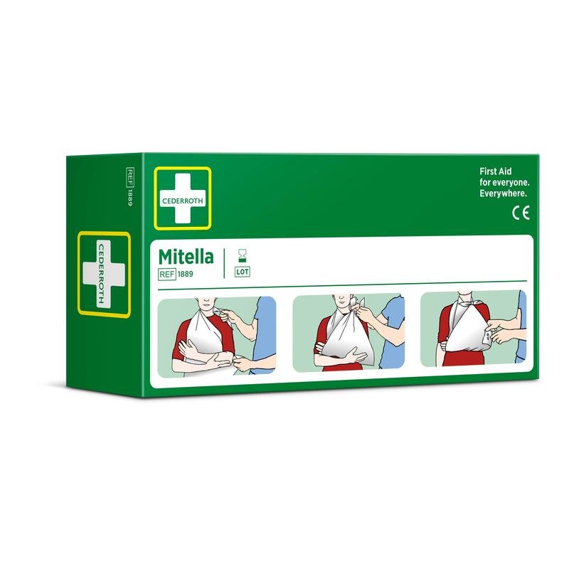 Ένα πράσινο-λευκό κουτί από την Orkla Wound Care AB με την επιγραφή "Τριγωνικό επίδεσμο, 2 τεμάχια/κουτί" με εικόνες για τη χρήση ως σφεντόνα για το χέρι σε αθλητικούς τραυματισμούς· με εικονογράμματα, οδηγίες και ένα λευκό σύμβολο σταυρού.