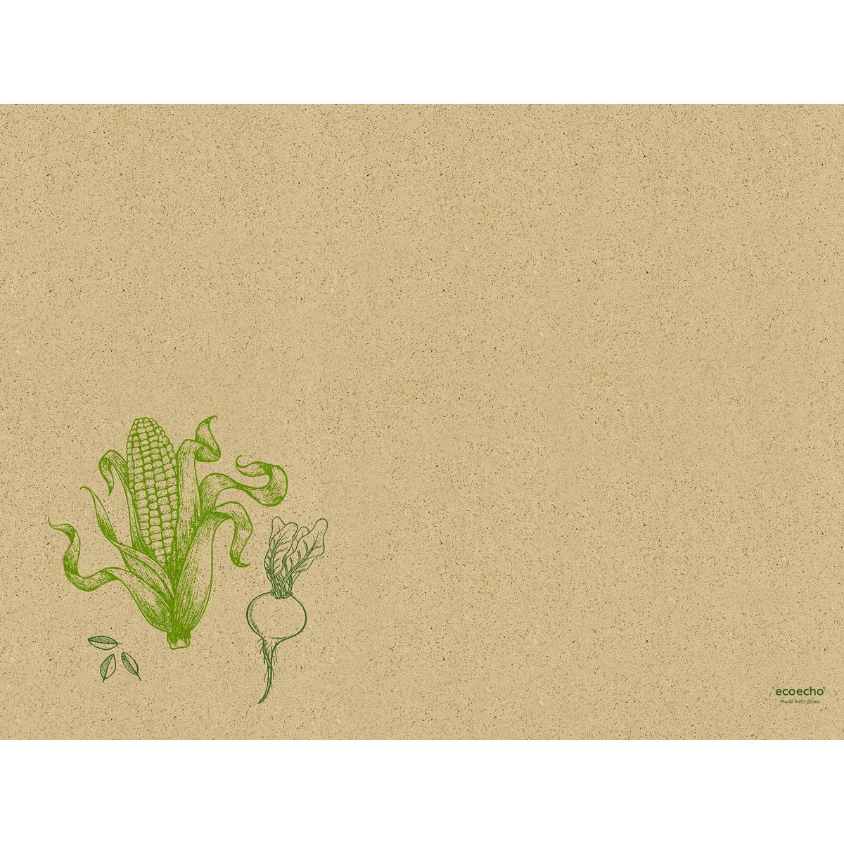 Ein strukturiertes braunes Graspapier Tischset 30 x 40 cm Veggies von Duni GmbH zeigt grüne Veggie-Skizzen und kleine "Ecoecho"- und "sustainable"-Schriftzüge, die diese umweltfreundlichen Platzsets hervorheben. Die Packung enthält 250 Stück.