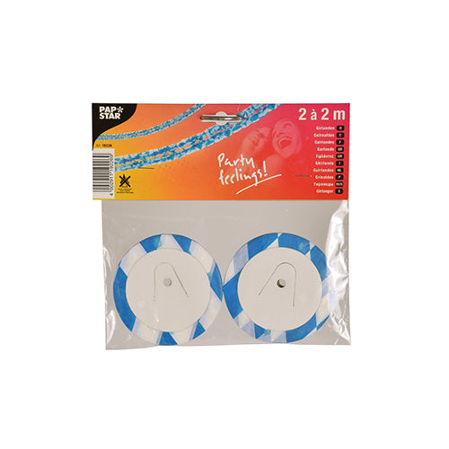 Ένα πακέτο με δύο μπλε-λευκές ριγέ χάρτινες γιρλάντες (PAPSTAR GmbH), καθεμία τυλιγμένη με λευκό πυρήνα και την επιγραφή «Partygefühle!», μετρά 2 x 2 μέτρα. Πάνω αριστερά απεικονίζεται το λογότυπο PAPSTAR.