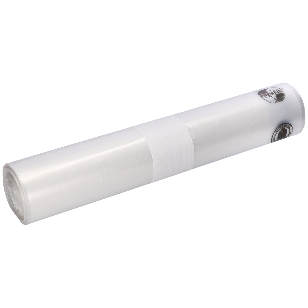 Ένας ρόλος EMIL DEISS KG (GmbH + Co.) DEISS 19302 - 800x1000x0,05 mm διαφανείς σακούλες απορριμμάτων (25 κομμάτια) με λευκή ετικέτα στη μέση, απεικονισμένος σε μονόχρωμο λευκό φόντο.