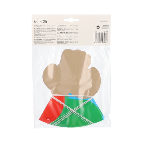 Eine Kunststoffverpackung der PAPSTAR GmbH enthält einen braunen, fäustlingsförmigen Pappaufsteller und mehrere flache rote, grüne und blaue Kunststoffteile in bunten Designs mit einem weißen Etikett mit Produktinformationen, Barcode und dem Schriftzug „PAPSTAR 5 Hütchen“.